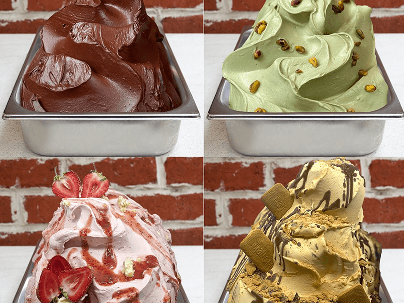 Gelatissimo - ice cream flavours - chocolate sorbet, roasted pistachio gelato, strawberry cheesecake, honey gelato