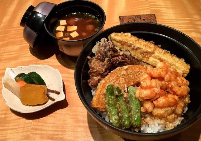 Tenshin - Tokusen Tendon with Prawn Tempura Cake, salad rice miso soup, prepared at tempura counter