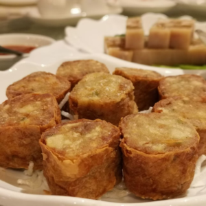 meat rolls with minced pork, five spices, and crunchy water chestnuts, wrapped in bean curd skin