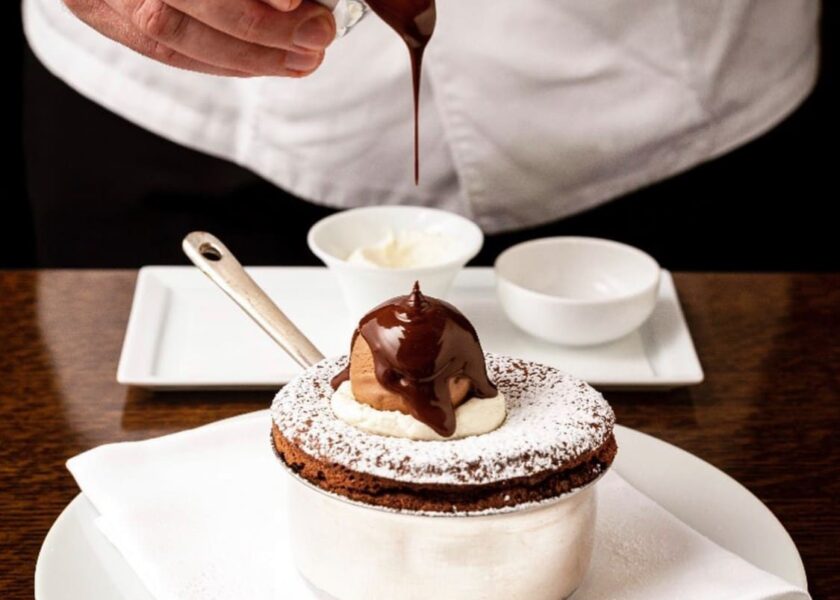 Cut by Wolfgang Puck - chocolate souffle pancakes, chocolate sauce, premium pancakes