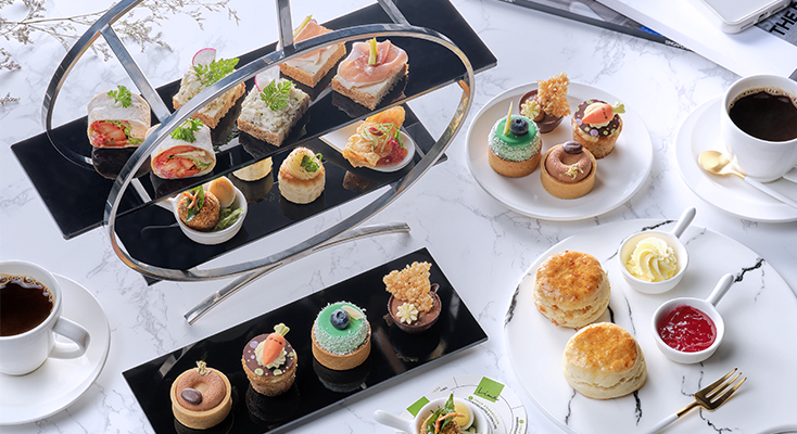Lime Restaurant high tea menu - earl grey cappuccino tart, scones with clotted cream, peanut butter crunch