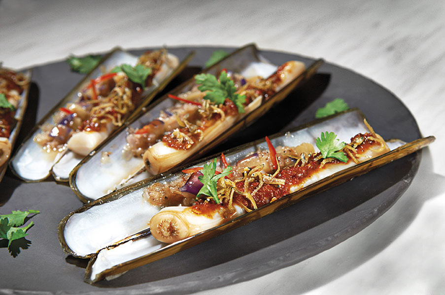 Bamboo clams ‘panggang’ with sambal belachan, eggplant chincalok ‘salsa