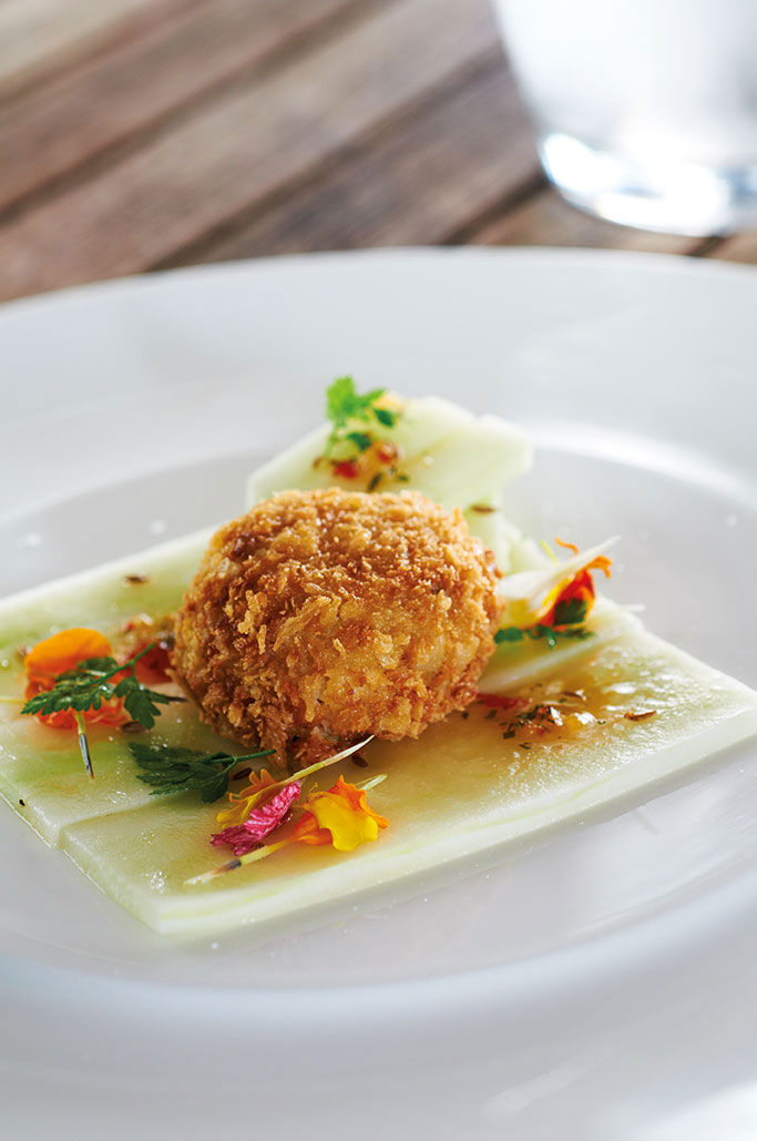 Cumin spiced crab cake with pickled cucumbers recipe epicure Magazine