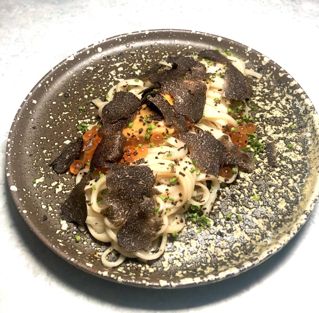 Uni and ikura udon with black truffles