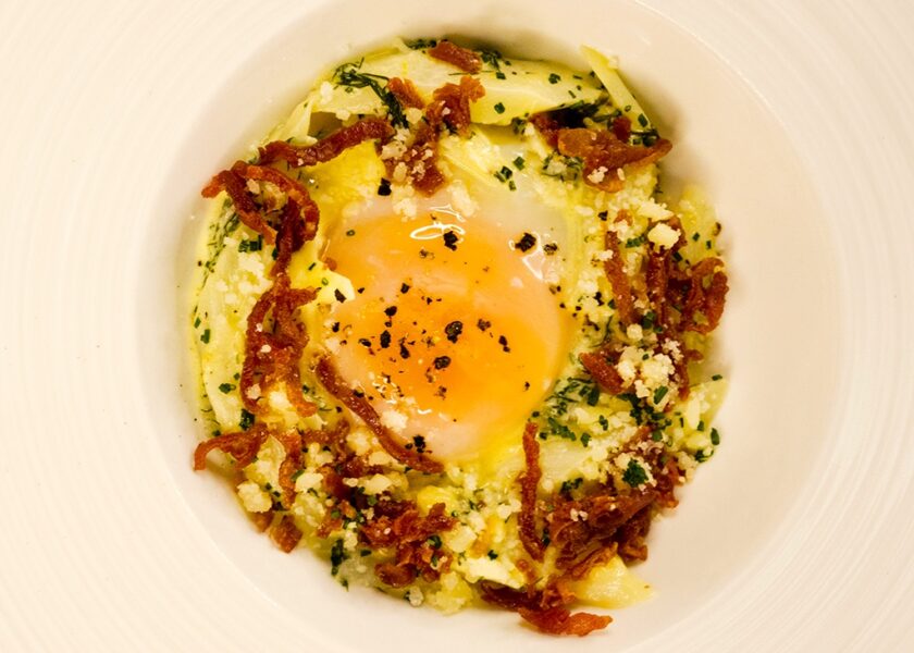 Soft Egg with Creamy White Asparagus Fricassee, Soft Potatoes and Crispy Prosciutto