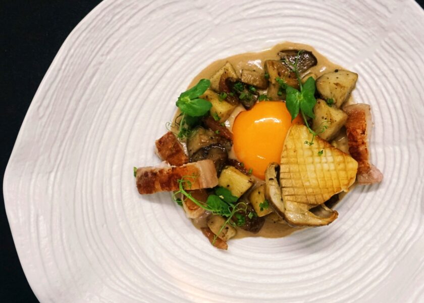 Porcini mushrooms with Pork Belly and Confit Egg Yolk