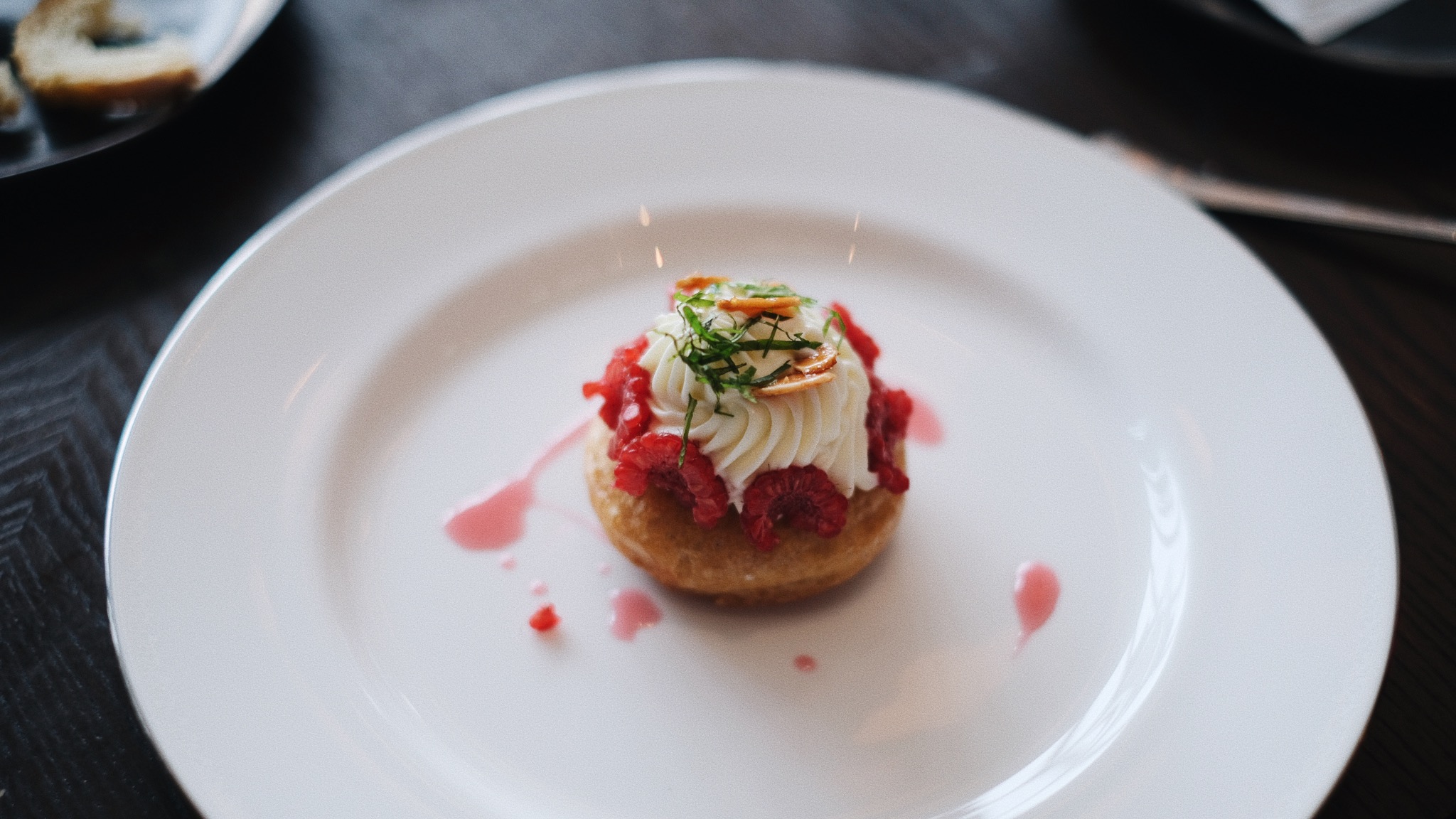 Rose Water & Raspberry Baba: crème mousseline, glazed almond flakes by Tom Aikens at The Langham, Jakarta