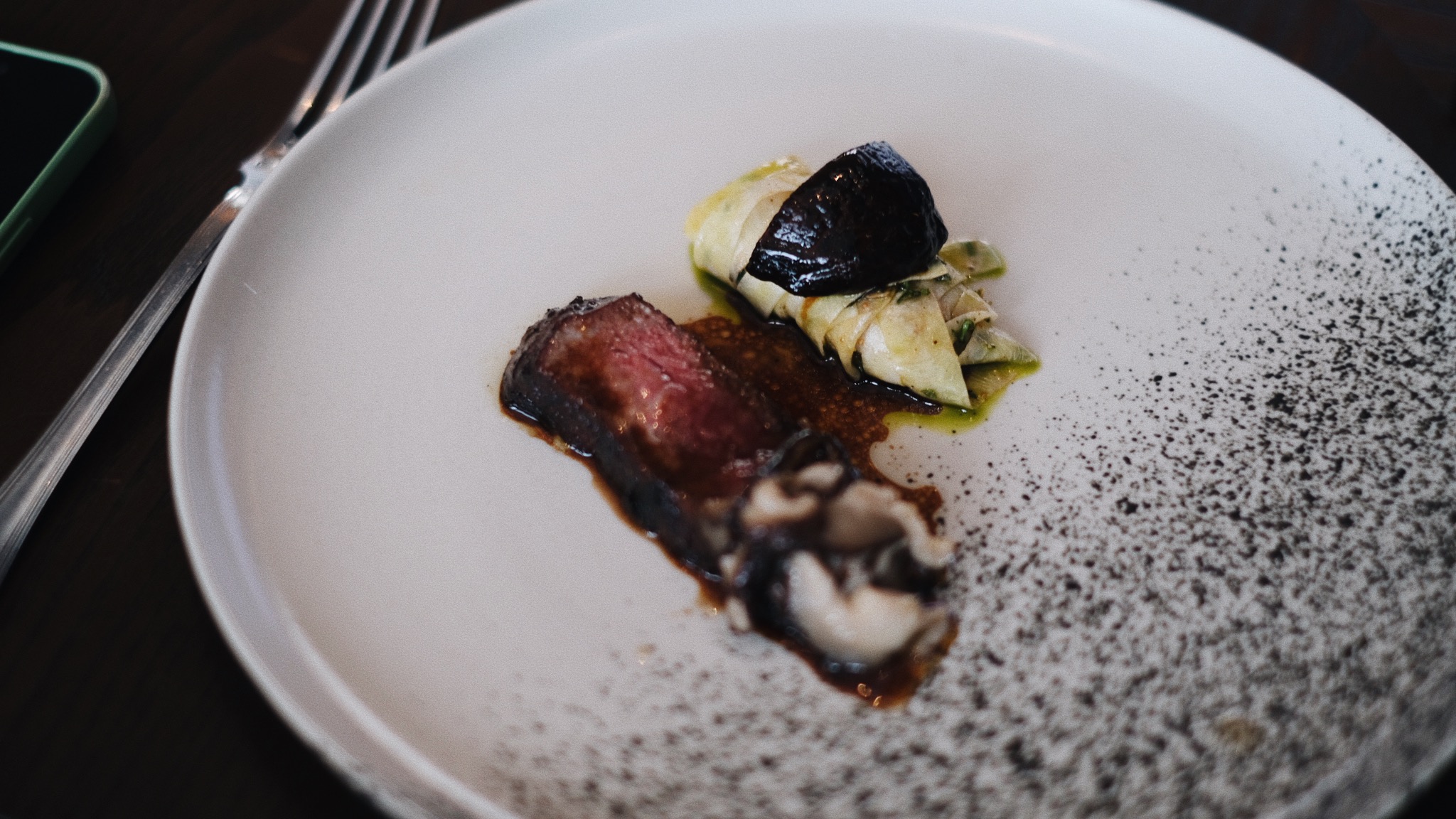 Charcoaled Wagyu: shitake ketchup, whiskey glaze, parsnip noodles by Tom Aikens at The Langham, Jakarta