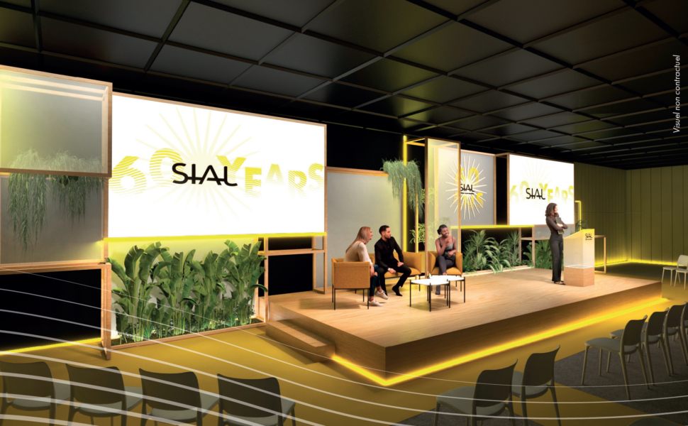 Image of a conference visualisation of SIAL Paris 2024 with 3 key speakers and 1 moderator and it’s a simple graphic or photograph.
