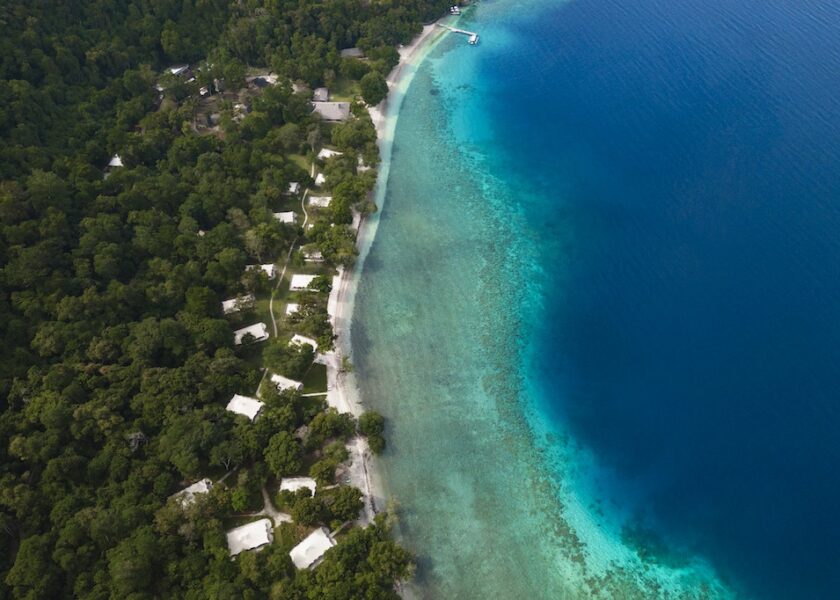 Aerial view Amanwana resort Pulau Moyo national park Indonesia