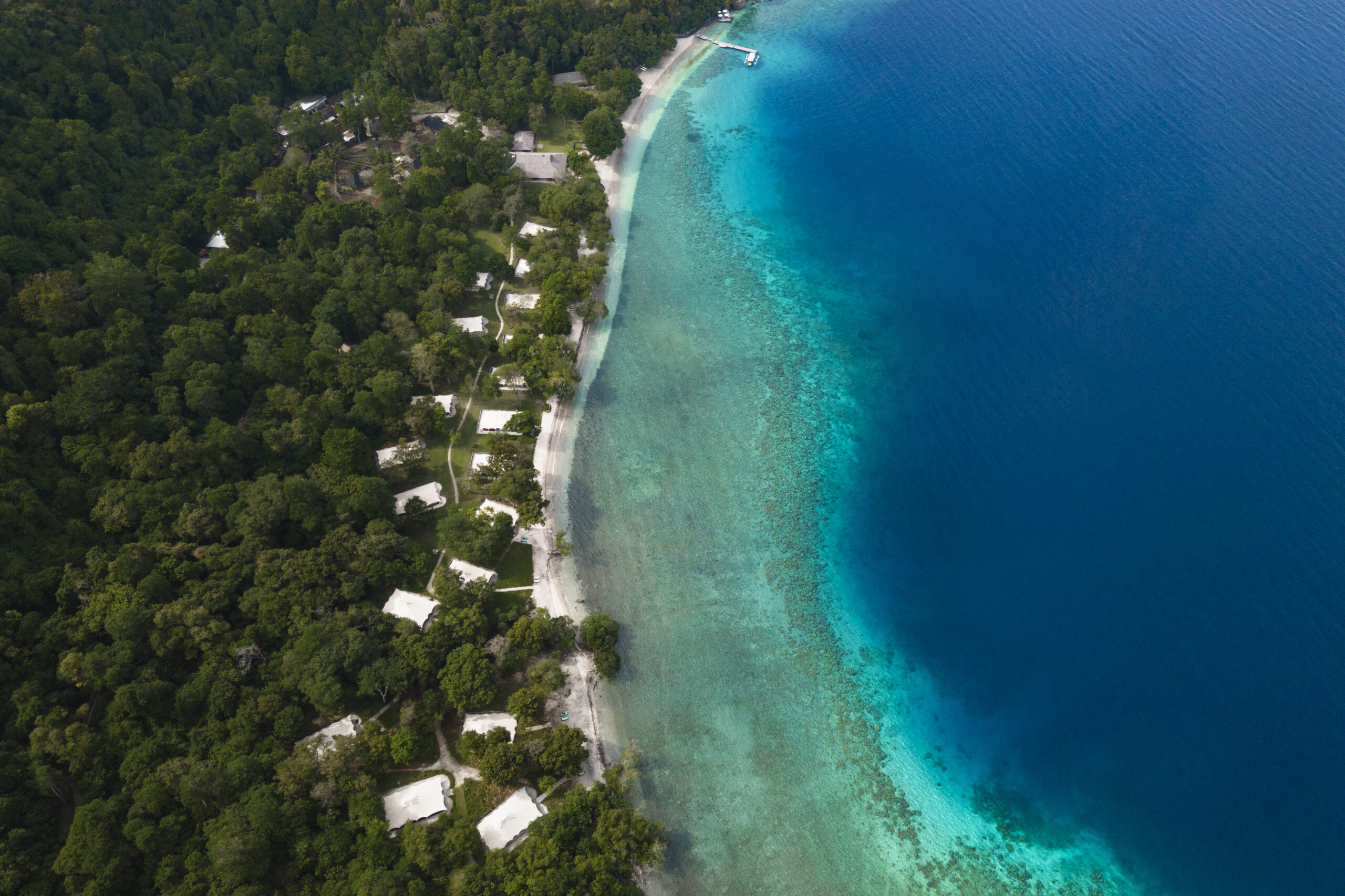 Aerial view Amanwana resort Pulau Moyo national park Indonesia