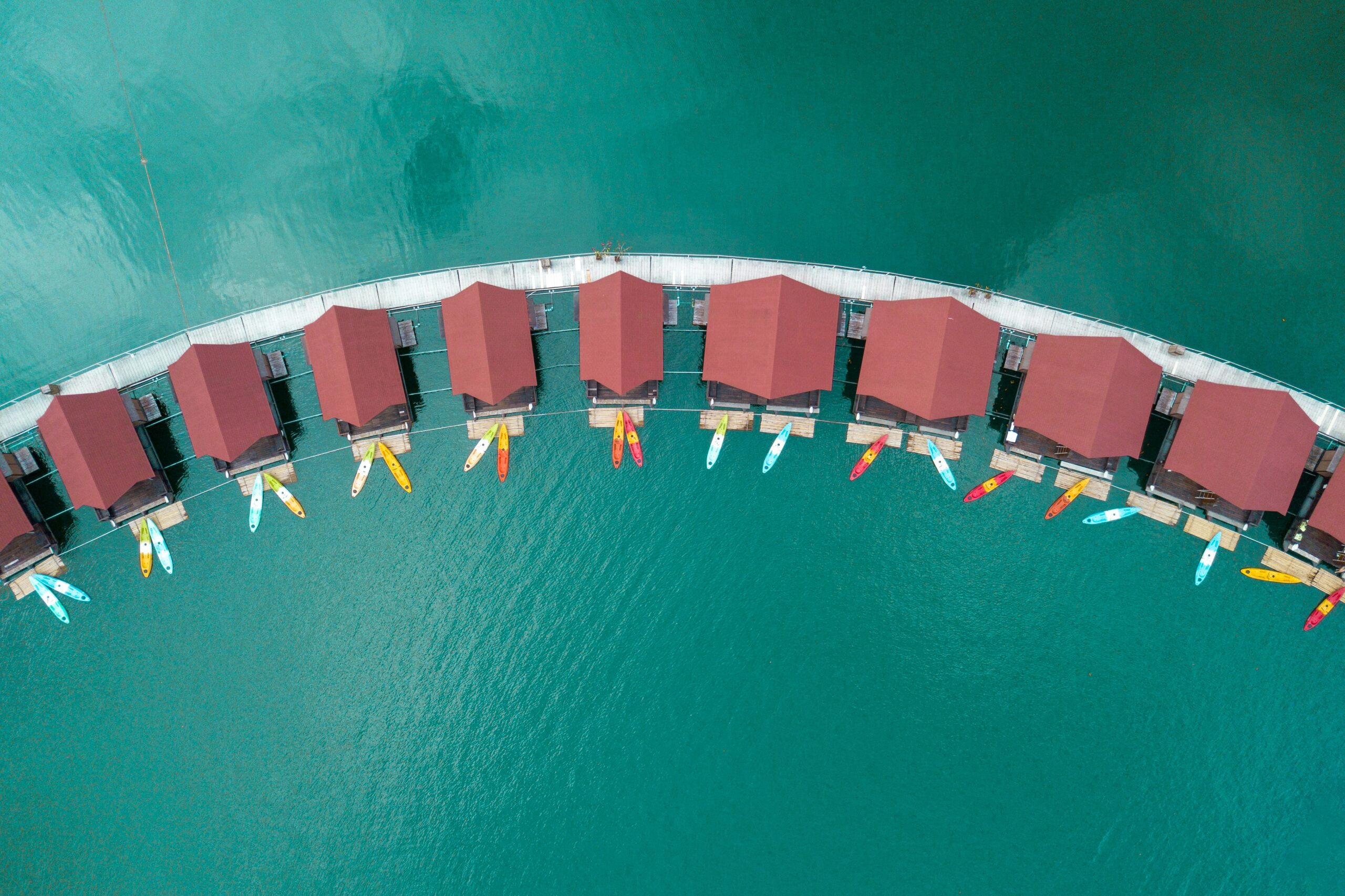 Floating raft houses on Cheow Lan Lake at Khao Sok National Park Thailand