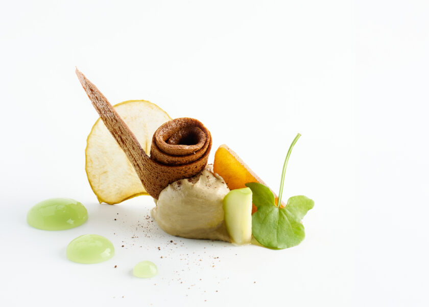 Foie Gras Apple dessert at The Cave by Chef Ryan Clift, with rolled gaufrette biscuit, apple crisp and green apple gel