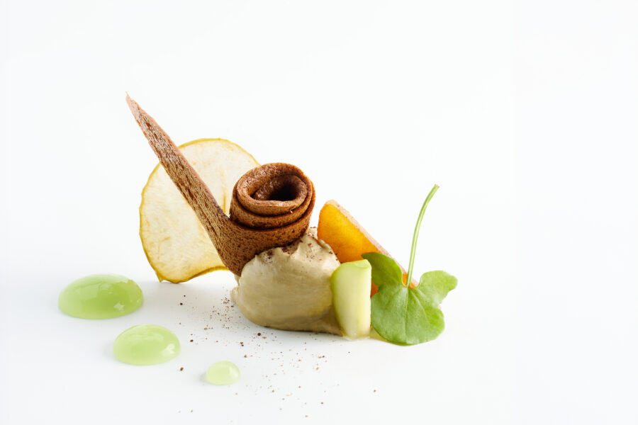 Foie Gras Apple dessert at The Cave by Chef Ryan Clift, with rolled gaufrette biscuit, apple crisp and green apple gel